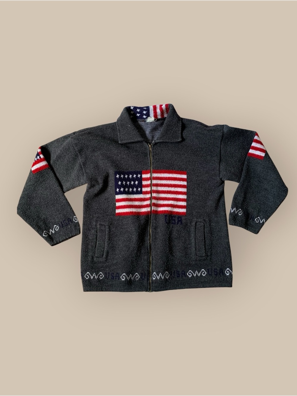 Vintage dark gray Zip-Up Sweater with American Flag